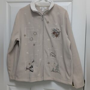 Tradition Beige Women's Zip Up Sweater Bird Winter Embroidery Size L